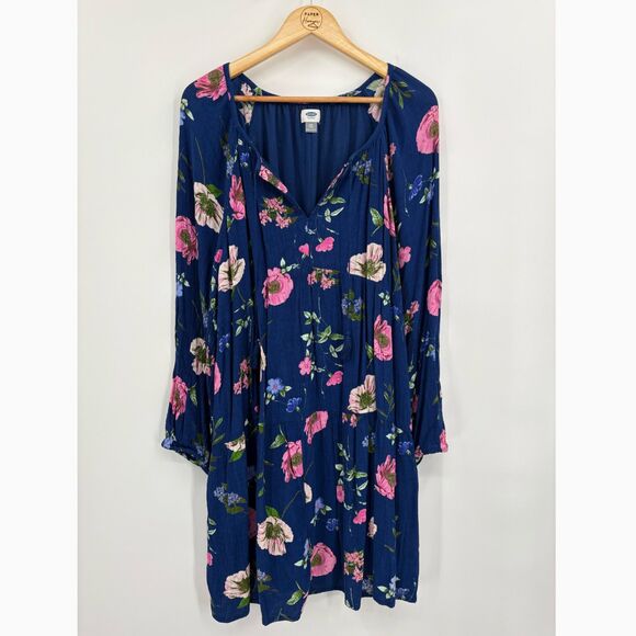 Old Navy Long Sleeve Tiered Floral Dress in Navy, Sz XXL, Tassels Cottagecore - Picture 1 of 8
